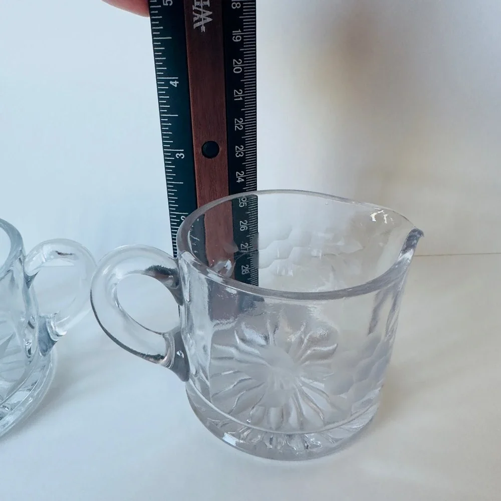 Vintage Clear Etched Glass Cream and Sugar Set Frosted Grape Starburst Base